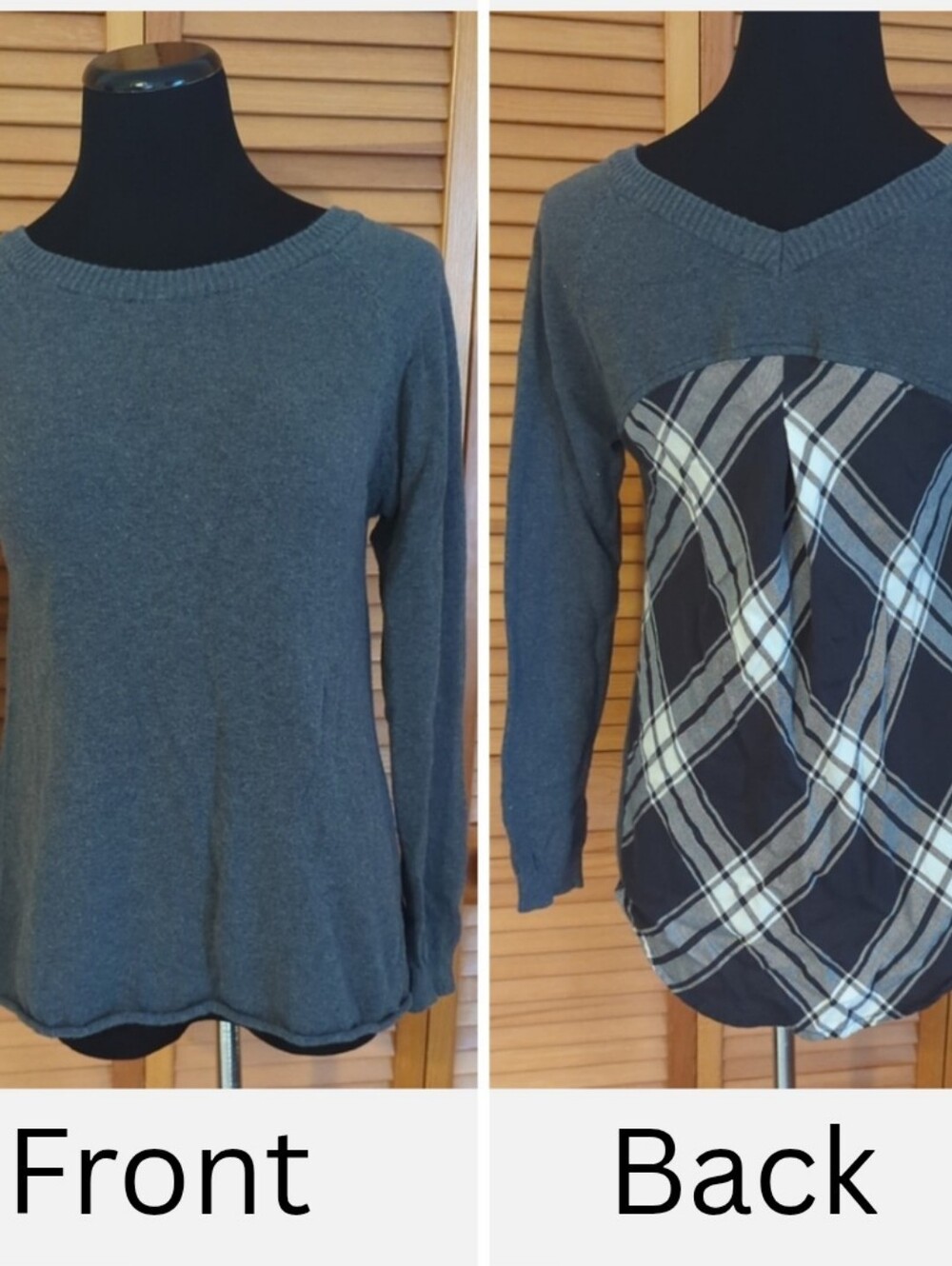 prAna Organic Cotton Gray Sweater With Plaid Back Size Small  Made In India